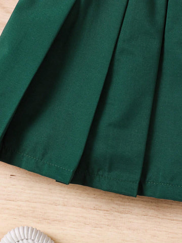 Girls' Pleated Mini Skirt, Casual All-Match American College Style Letter Print, Navy Blue, Suitable For Summer, Autumn