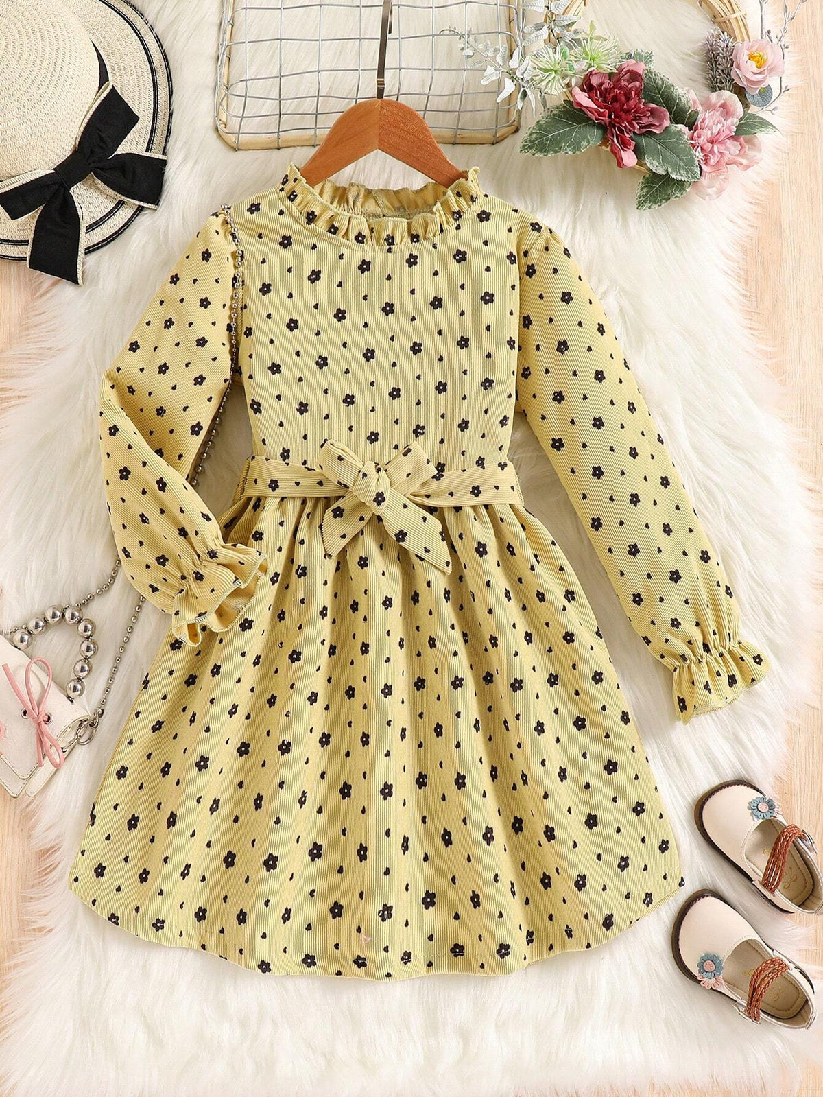 Girls Printed Long Sleeve Dress With Belt, Fashionable For Outdoor Events, Autumn