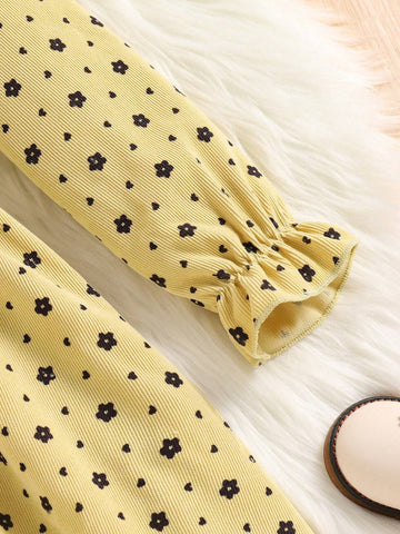Girls Printed Long Sleeve Dress With Belt, Fashionable For Outdoor Events, Autumn