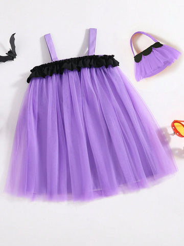 Girls Pumpkin Colored Mesh Party Dress, Casual & Cute Halloween Summer Outfit