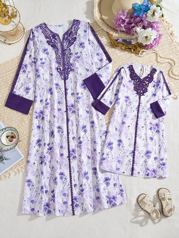 Girls' Purple Casual Lace Patchwork Ink Painting Print Comfortable Long Dress
