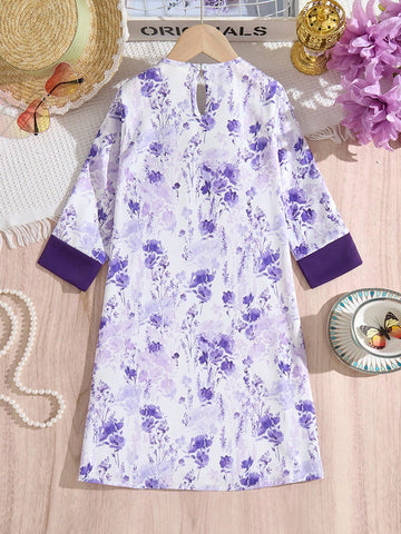 Girls' Purple Casual Lace Patchwork Ink Painting Print Comfortable Long Dress