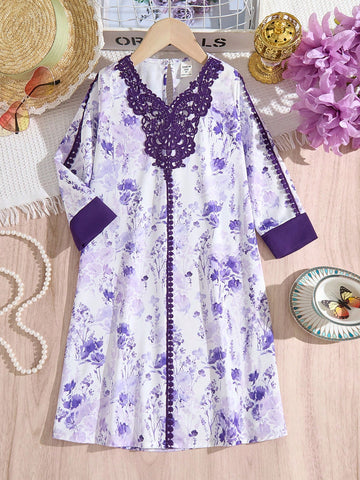 Girls' Purple Casual Lace Patchwork Ink Painting Print Comfortable Long Dress