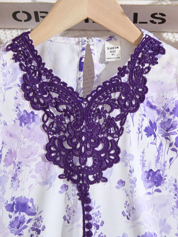 Girls' Purple Casual Lace Patchwork Ink Painting Print Comfortable Long Dress