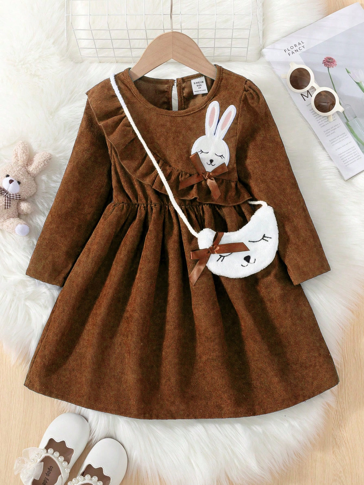 Girls Rabbit Embroidered Bow Decor Casual Dress, Comfortable & Warm Fashion Cute Outfit, Autumn/Winter