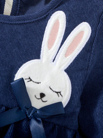Girls Rabbit Embroidered Bow Decor Dress, Fashion Comfortable Warm Cute Sweet Outfit For Autumn/Winter