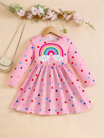 Girls Rainbow Print Pleated Round Neck Long Sleeve Casual Dress
