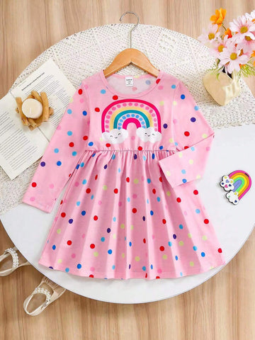 Girls Rainbow Print Pleated Round Neck Long Sleeve Casual Dress