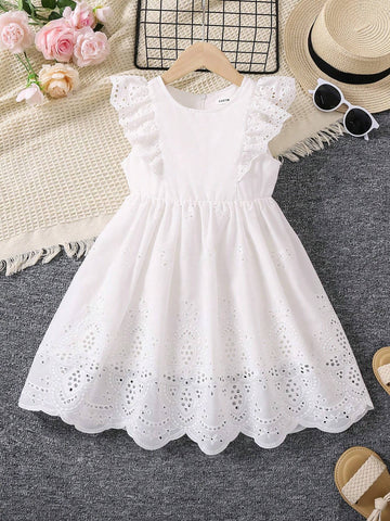 Girls' Ruffle Edged Crochet Trimmed Cut-Out Embroidered Dress