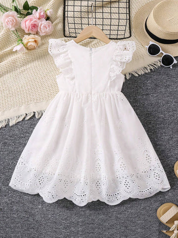 Girls' Ruffle Edged Crochet Trimmed Cut-Out Embroidered Dress