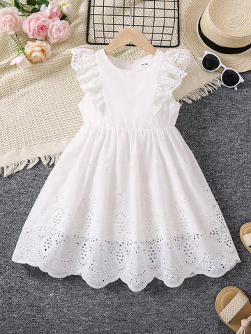 Girls' Ruffle Edged Crochet Trimmed Cut-Out Embroidered Dress