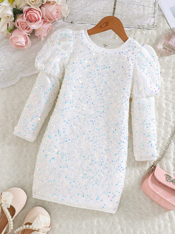 Girls Sequin Embroidery Ruffled Sleeve Christmas Dress, Elegant For Holiday Party, Autumn/Winter