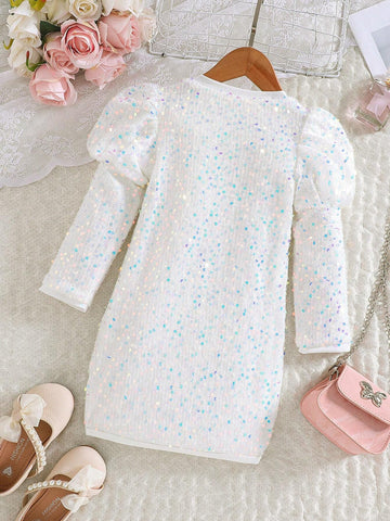 Girls Sequin Embroidery Ruffled Sleeve Christmas Dress, Elegant For Holiday Party, Autumn/Winter