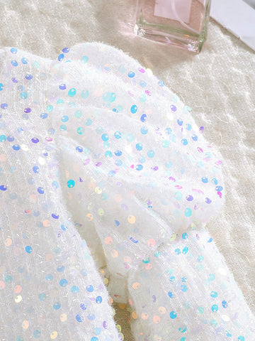 Girls Sequin Embroidery Ruffled Sleeve Christmas Dress, Elegant For Holiday Party, Autumn/Winter