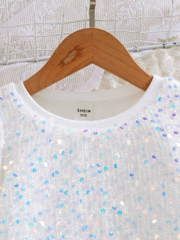 Girls Sequin Embroidery Ruffled Sleeve Christmas Dress, Elegant For Holiday Party, Autumn/Winter