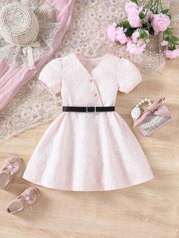 Girls' Simple And Fashionable V-Neck Short-Sleeved Lady Dress Withcc
