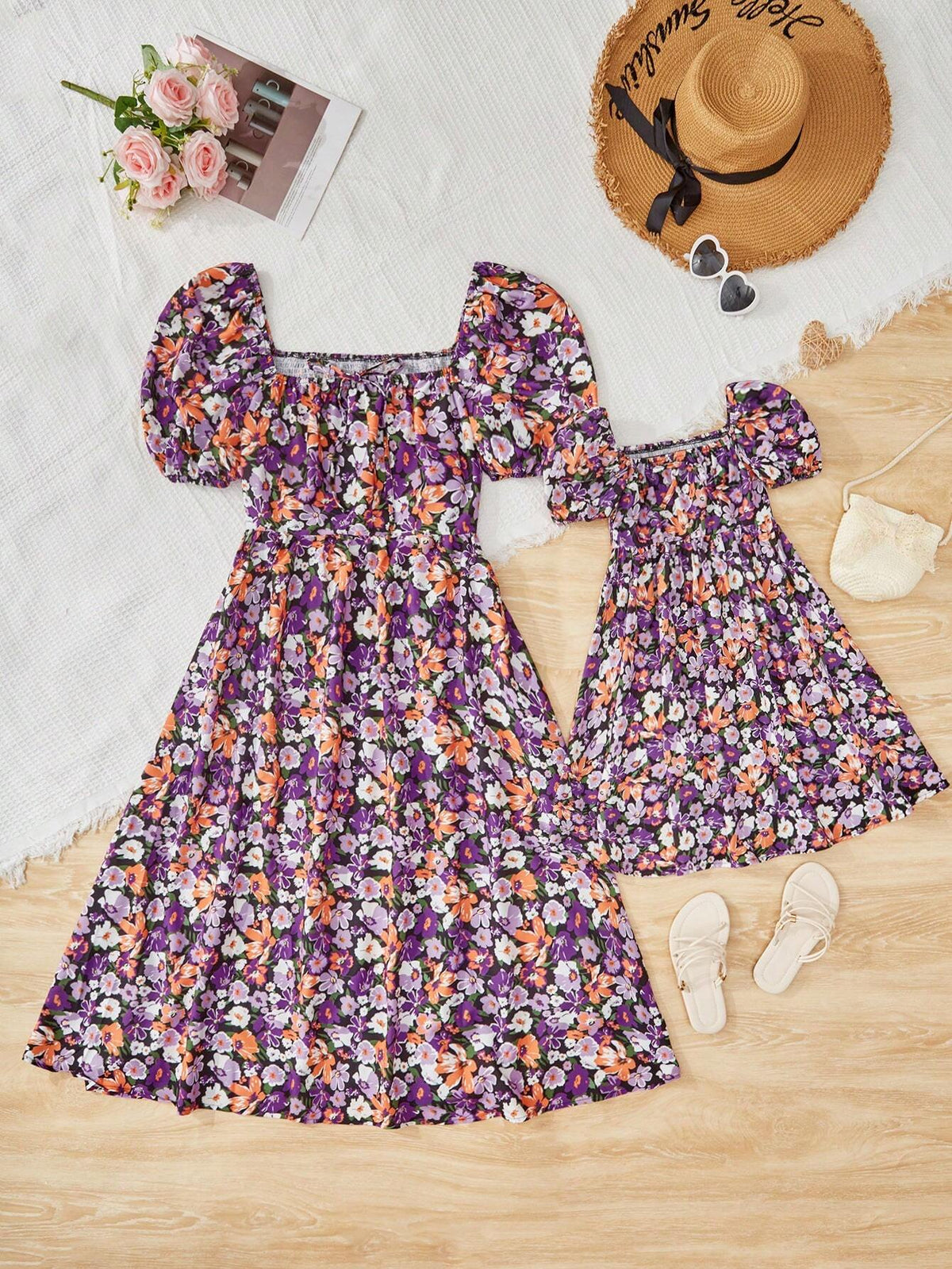 Girls' (Small) Floral Puff Sleeve Dress With Square Collar, Mommy And Me Matching Outfits (2 Pieces Are Sold Separately)