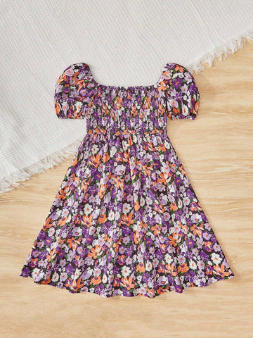 Girls' (Small) Floral Puff Sleeve Dress With Square Collar, Mommy And Me Matching Outfits (2 Pieces Are Sold Separately)