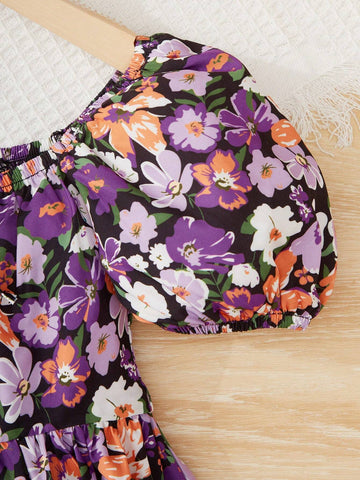 Girls' (Small) Floral Puff Sleeve Dress With Square Collar, Mommy And Me Matching Outfits (2 Pieces Are Sold Separately)