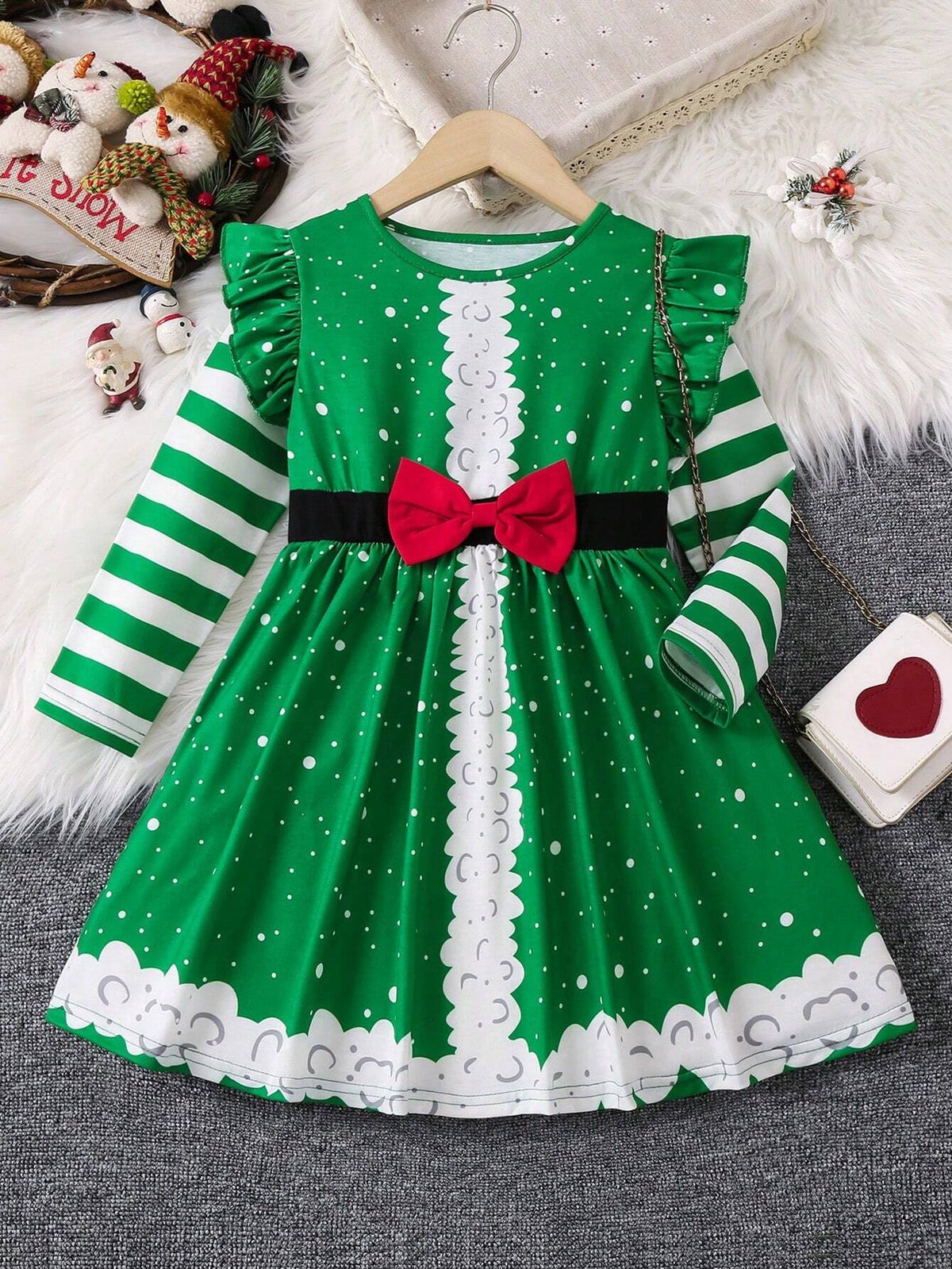 Girls (Small Size) Christmas Printed A-Line Dress With Bow Decor, Suitable For Party