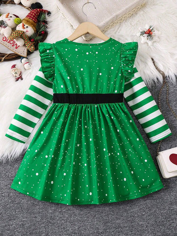 Girls (Small Size) Christmas Printed A-Line Dress With Bow Decor, Suitable For Party