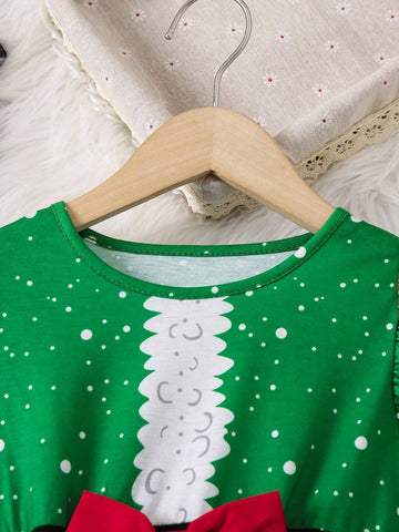 Girls (Small Size) Christmas Printed A-Line Dress With Bow Decor, Suitable For Party