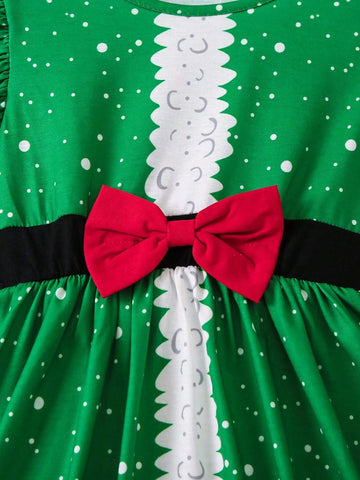 Girls (Small Size) Christmas Printed A-Line Dress With Bow Decor, Suitable For Party
