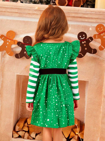Girls (Small Size) Christmas Printed A-Line Dress With Bow Decor, Suitable For Party