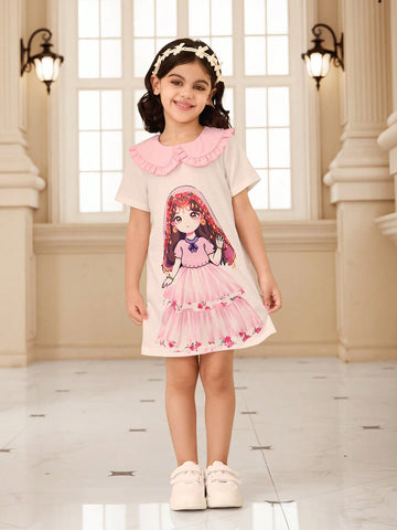 Girls (Small Size) Pink Collar Cute Girl Design Casual Dress, Fashionable For Spring & Summer