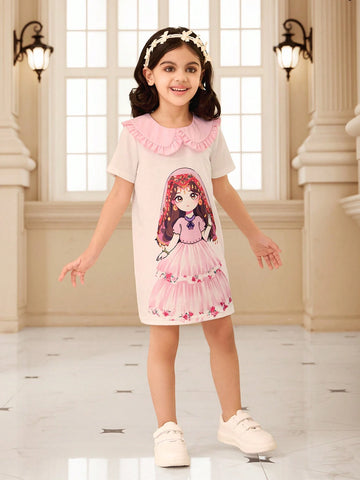 Girls (Small Size) Pink Collar Cute Girl Design Casual Dress, Fashionable For Spring & Summer