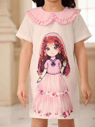 Girls (Small Size) Pink Collar Cute Girl Design Casual Dress, Fashionable For Spring & Summer