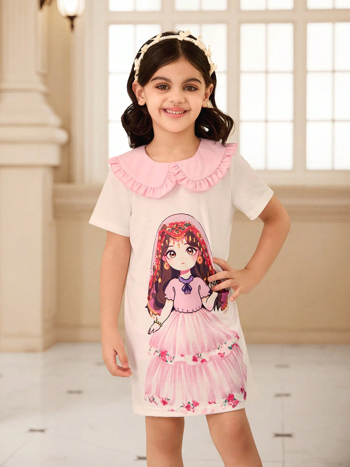 Girls (Small Size) Pink Collar Cute Girl Design Casual Dress, Fashionable For Spring & Summer