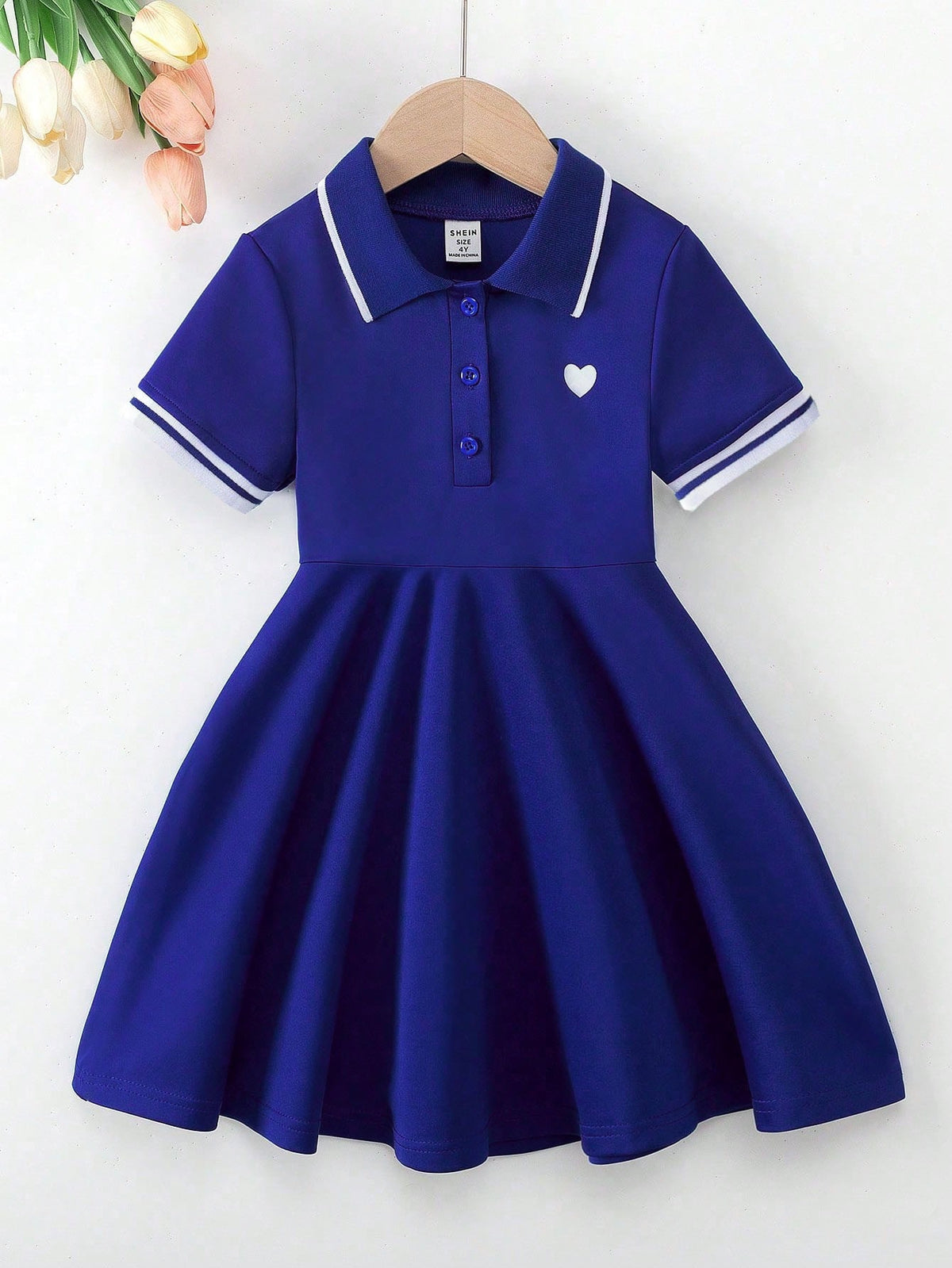 Girls' Solid Color Collar Heart Print Polo Short Sleeve Dress, School Style Suitable For Back-To-School Season And Daily Casual Wear, Summer