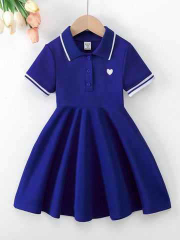Girls' Solid Color Collar Heart Print Polo Short Sleeve Dress, School Style Suitable For Back-To-School Season And Daily Casual Wear, Summer