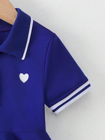 Girls' Solid Color Collar Heart Print Polo Short Sleeve Dress, School Style Suitable For Back-To-School Season And Daily Casual Wear, Summer