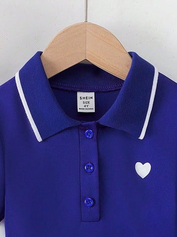 Girls' Solid Color Collar Heart Print Polo Short Sleeve Dress, School Style Suitable For Back-To-School Season And Daily Casual Wear, Summer