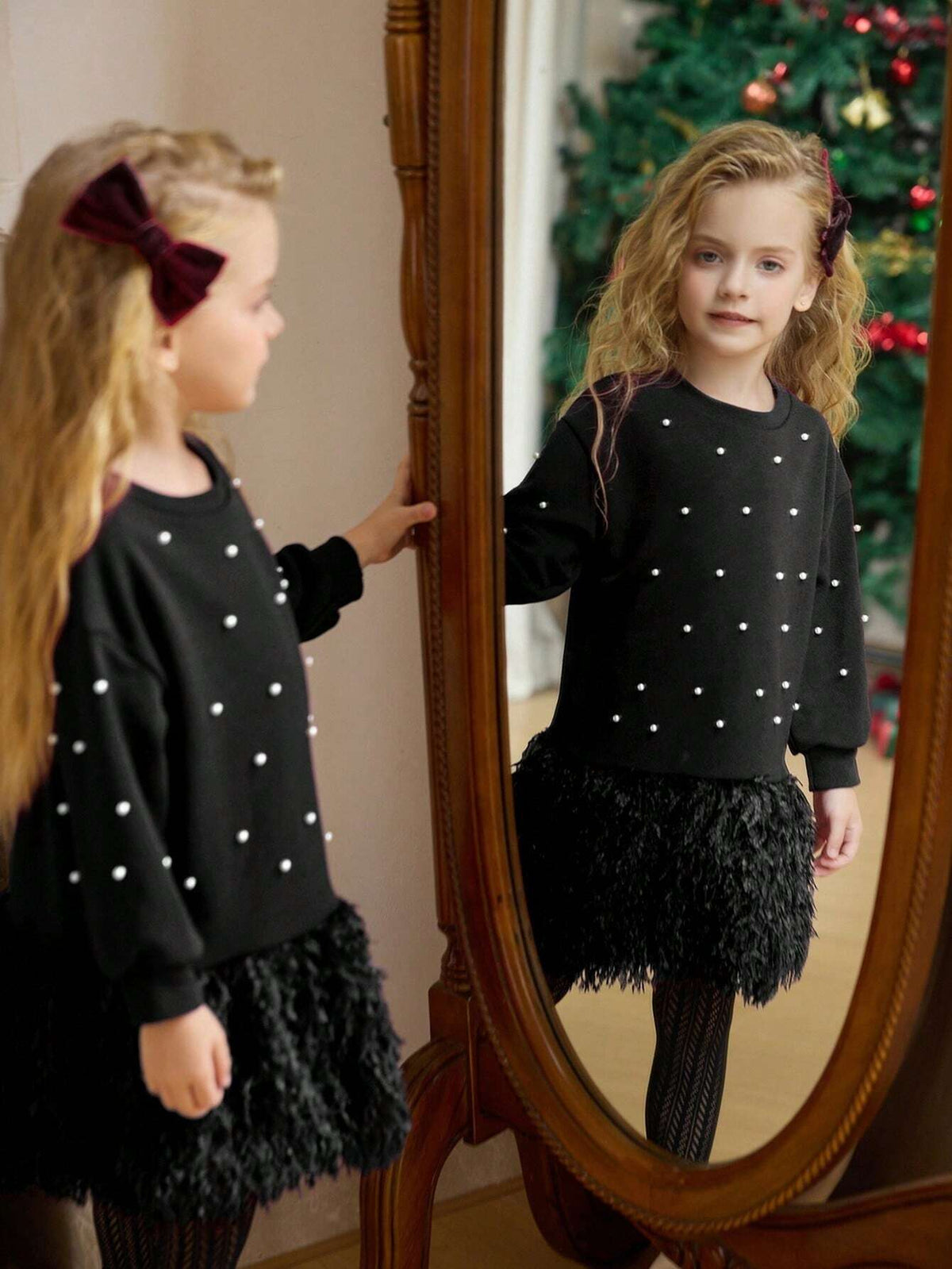 Girls Solid Color Round Neck Pearl Hem Fuzzy Loose Casual Dress, Single Item, Spring Autumn