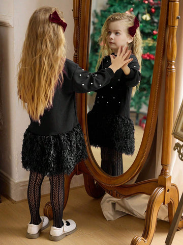 Girls Solid Color Round Neck Pearl Hem Fuzzy Loose Casual Dress, Single Item, Spring Autumn