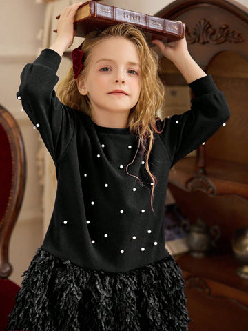 Girls Solid Color Round Neck Pearl Hem Fuzzy Loose Casual Dress, Single Item, Spring Autumn