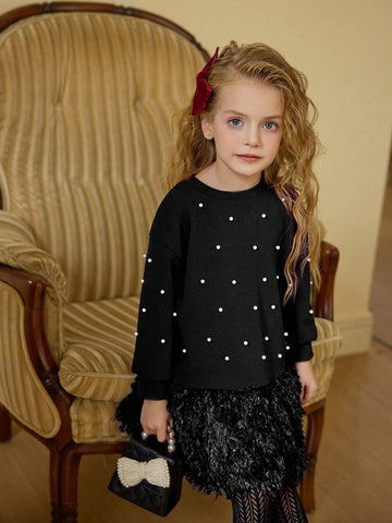 Girls Solid Color Round Neck Pearl Hem Fuzzy Loose Casual Dress, Single Item, Spring Autumn