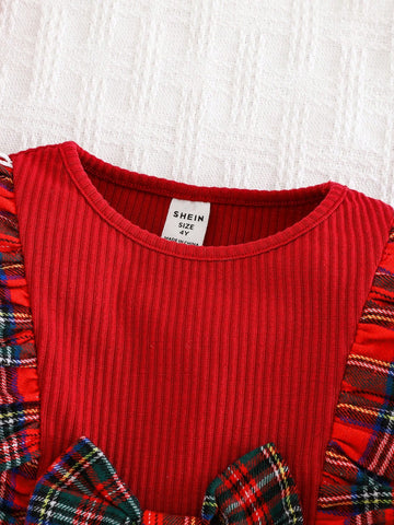 Girls Solid Color Round Neck Ruffle Splicing Plaid Woven Bodycon Dress