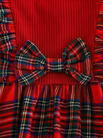 Girls Solid Color Round Neck Ruffle Splicing Plaid Woven Bodycon Dress
