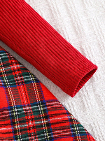 Girls Solid Color Round Neck Ruffle Splicing Plaid Woven Bodycon Dress