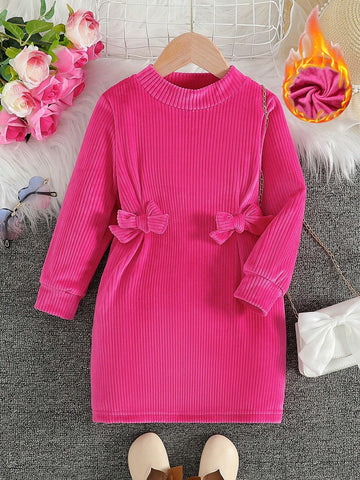 Girls Solid Color Stand Collar Long Sleeve Bowknot Casual Dress, Autumn/Winter