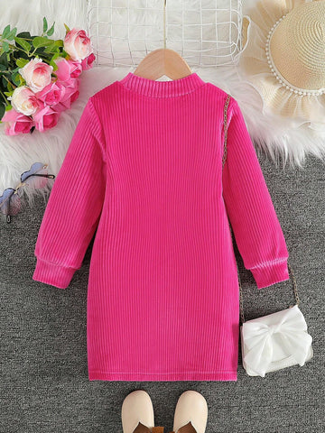 Girls Solid Color Stand Collar Long Sleeve Bowknot Casual Dress, Autumn/Winter