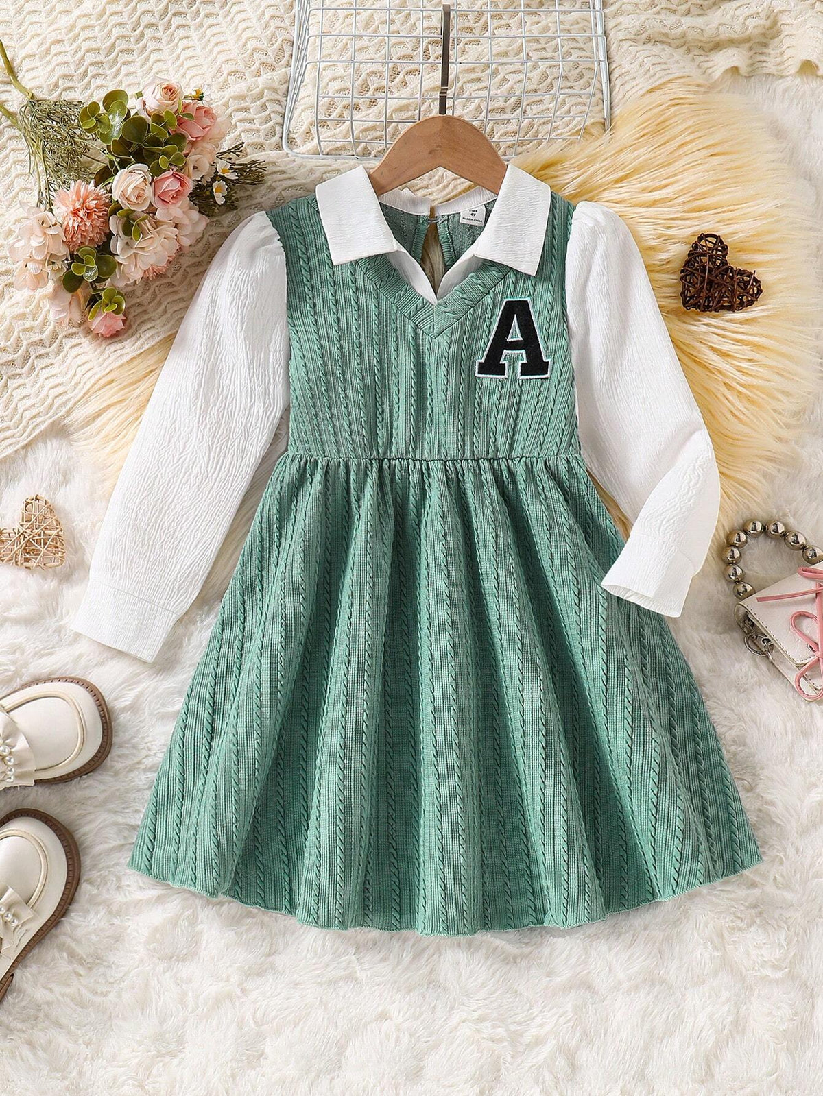 Girls Spring/Autumn V-Neck Knitted Jacquard Embroidered Letter Casual Long Sleeve Dress, Elegant School/Outing Style