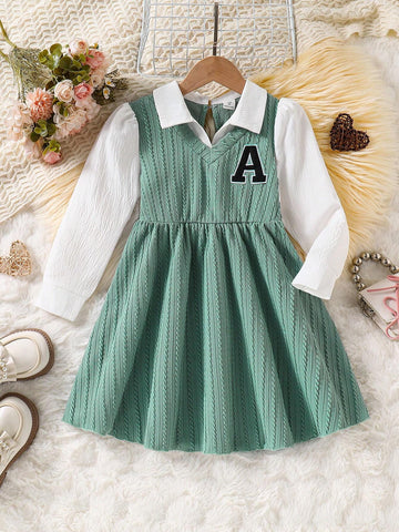 Girls Spring/Autumn V-Neck Knitted Jacquard Embroidered Letter Casual Long Sleeve Dress, Elegant School/Outing Style