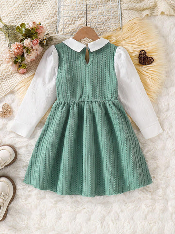 Girls Spring/Autumn V-Neck Knitted Jacquard Embroidered Letter Casual Long Sleeve Dress, Elegant School/Outing Style