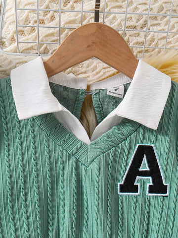 Girls Spring/Autumn V-Neck Knitted Jacquard Embroidered Letter Casual Long Sleeve Dress, Elegant School/Outing Style