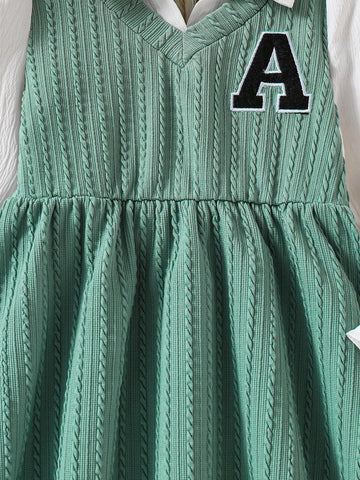 Girls Spring/Autumn V-Neck Knitted Jacquard Embroidered Letter Casual Long Sleeve Dress, Elegant School/Outing Style